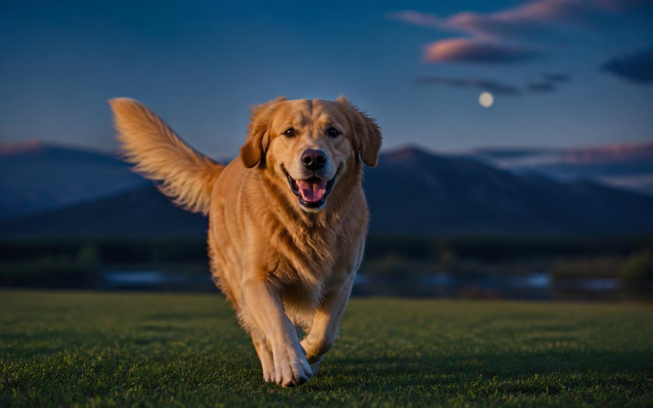Golden retriever heureux courant dans l'herbe au coucher du soleil