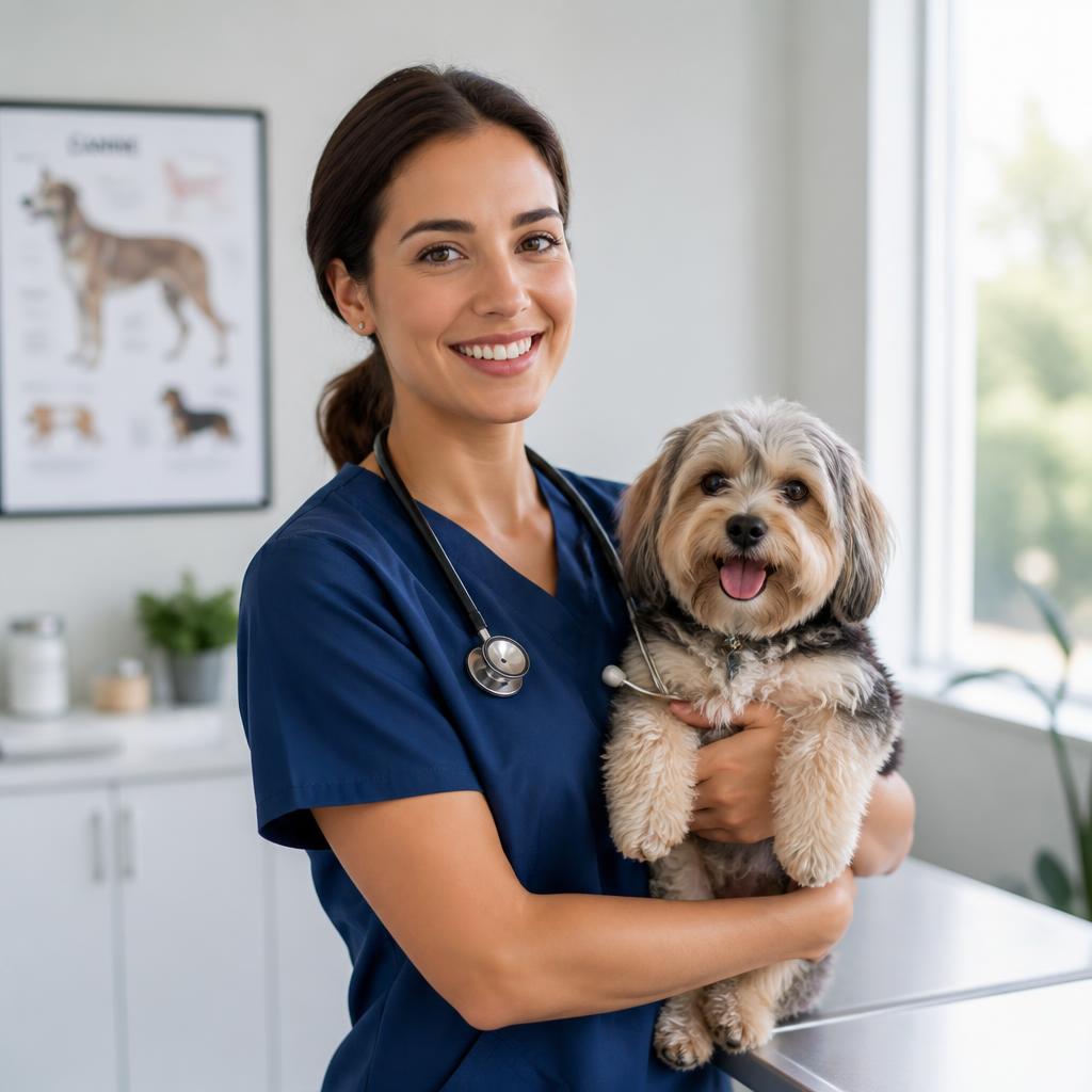 Vétérinaire souriante tenant un petit chien dans une clinique