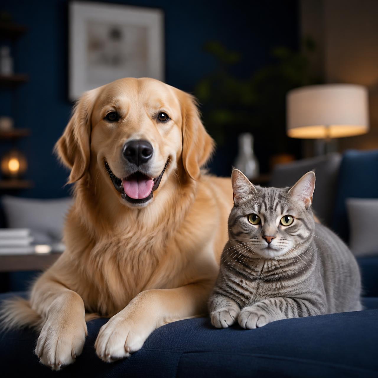 Un golden retriever et un chat tigré détendus dans un salon